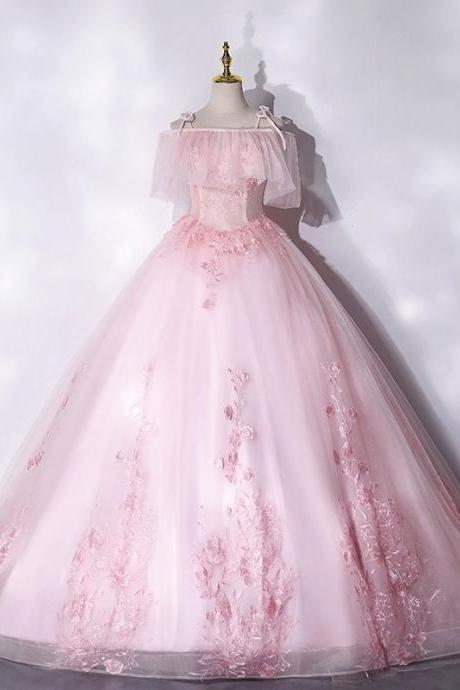 Pink Long Tulle With Lace Applique Ball Gown Sweet 16 Dresses, Pink Formal Dresses