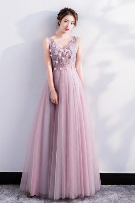Pink Tulle Floral Long Party Dress, V-neck A-line Prom Dress