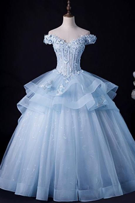 Blue Tulle Ball Gown Off Shoulder Layers Sweet 16 Dress, Blue Formal Dress With Lace