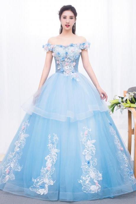 Glam Blue Ball Gown Tulle With Lace And Flowers Sweet 16 Dress, Blue Formal Dress