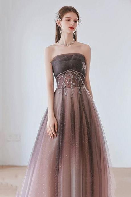 Charming Gradient A-line Pink Beaded Long Evening Gown, Tulle Long Prom Dress