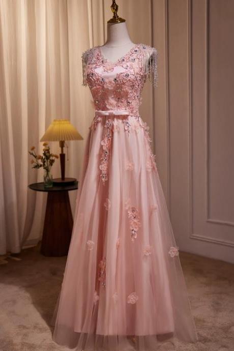 Pink V-neckline Tulle Beaded With Lace Applique Prom Dress, Pink Party Dress