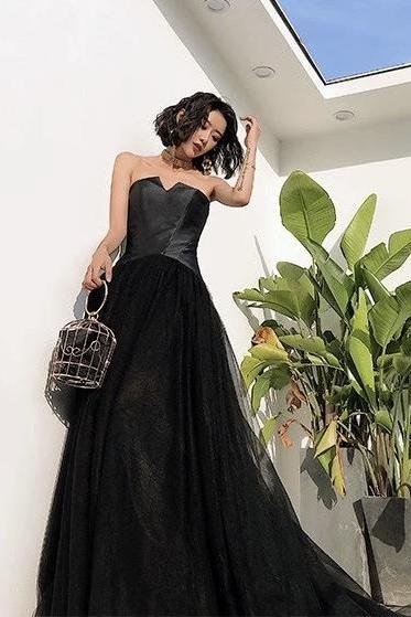 Black Evening Gown, Tulle Long Prom Dress,strapless Prom Dress