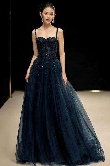 Navy Blue Evening Dress, Elegant Prom Dress, Sexy Sparkling Party Dress