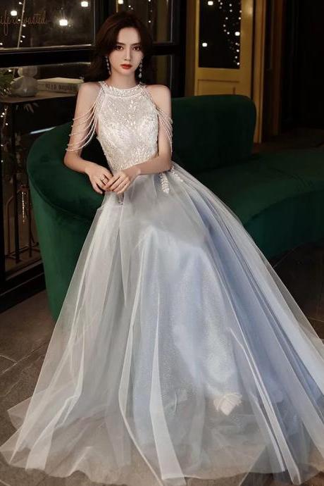 Luxury Prom Dress, Halter Neck Evening Dress, White And Blue Unique Prom Dress