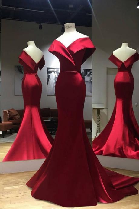Gorgeous Red Off Shoulder Mermaid Evening Gowns,sweep Train Red Prom Dress,formal Dress,