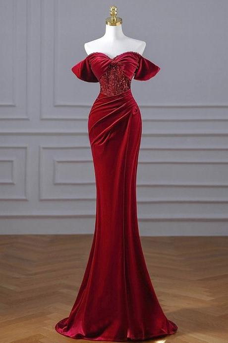 Red Velvet Off Shoulder Prom Dress, Luxury Temperament Mermaid Evening Dress