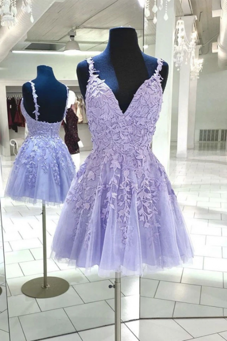 Purple Prom Dresses, Lavender Prom Dresses, Elegant Prom Dresses, Homecoming Dresses , Lace Applique Prom Dresses