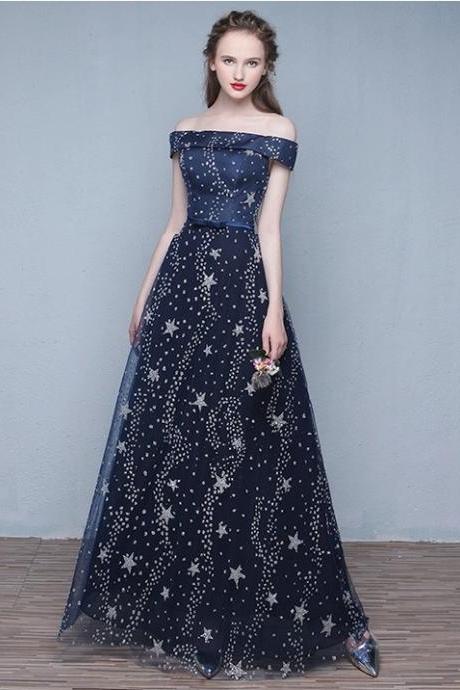 Starry Evening Gowns, Off-shoulder Prom Gowns, Shiny Party Dresses