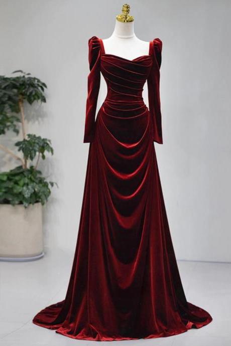 Elegant Wine Red Velvet Long Sleeves Formal Dress, Formal Wedding Party Dress
