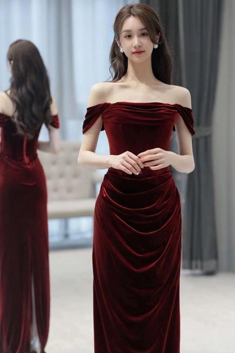 Off Shoulder Prom Dress, Red Evening Dress,velvet Bodycon Dress