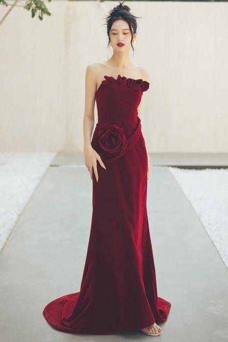 Elegant Wine Red Velvet Bodycon Dress,chic Floral Strapless Party Dress