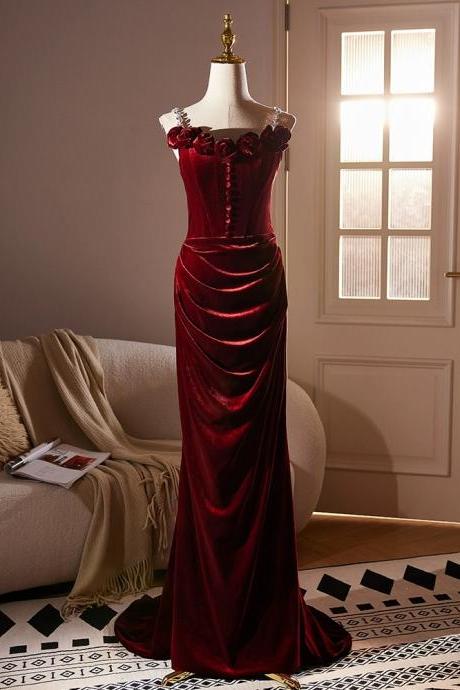 Spaghetti Strap Prom Dress, Red Evening Dress,chic Velvet Bodycon Dress