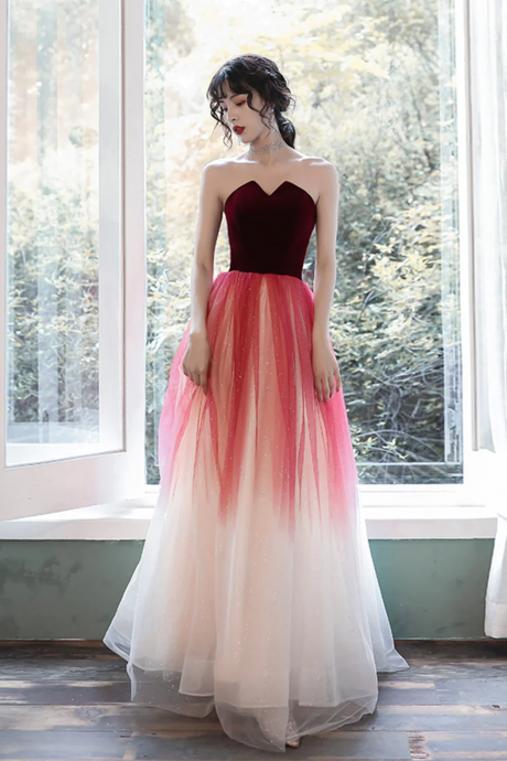 A-line Burgundy Long Prom Dresses, Burgundy Formal Evening Dress With Velvet
