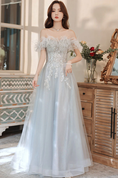 Aline Gray Long Prom Dresses, Gray Formal Graduation With Sequin Beading
