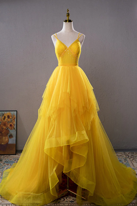 Yellow V Neck Tulle Long Prom Dress High Low Long Yellow Graduation Dress