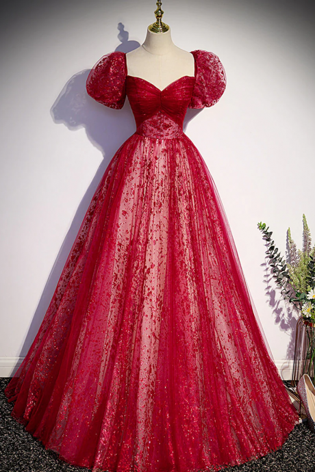 A Line Burgundy Tulle Sequin Long Prom Dress, Burgundy Formal Dress