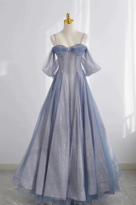 Blue Sweetheart Tulle Long Prom Dress, Tulle Formal Dress