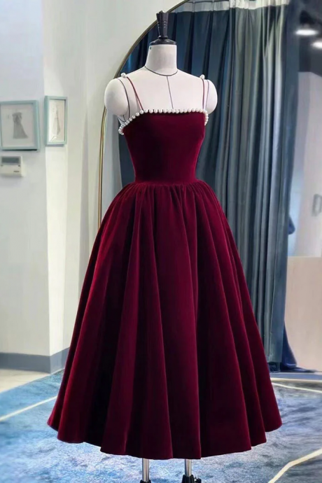 Burgundy Velvet Tea Length Prom Dress, Burgundy Evening Dress