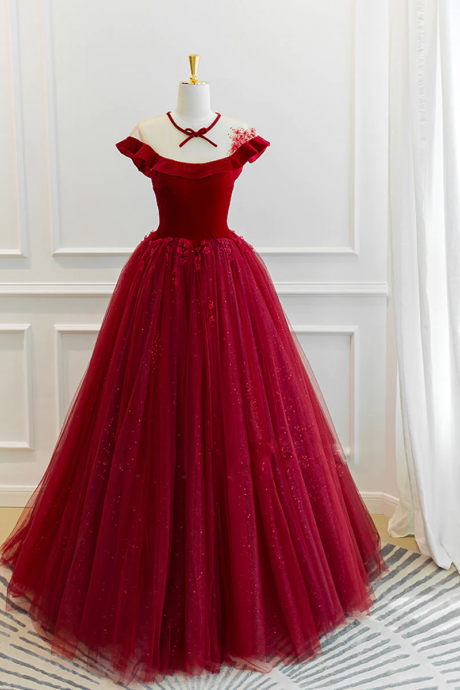 Burgundy Tulle Off Shoulder Long Prom Dress, Burgundy Tulle Formal Dress