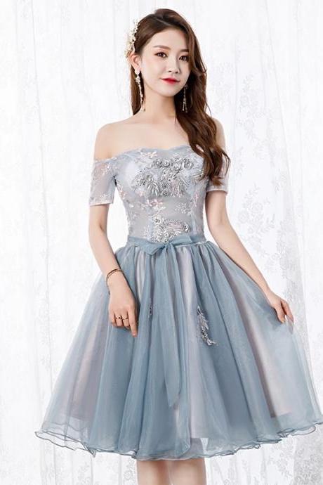 Sweet Tutu Dress, Off-shoulder Appliqué Evening Dress, Cute Blue Homecoming Dress