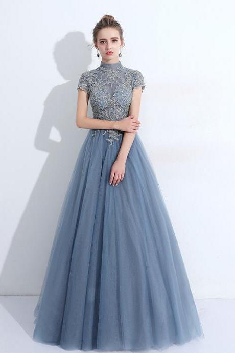 High Neckline Short Sleeve Dusty Blue Long Evening Prom Dresses, Long Party Prom Dresses