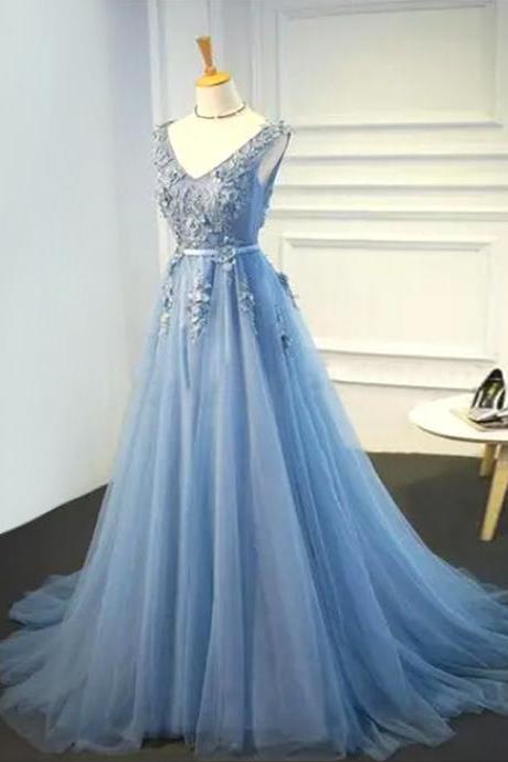 V-neck Dusty Blue Long Evening Prom Dresses, Long Party Prom Dresses