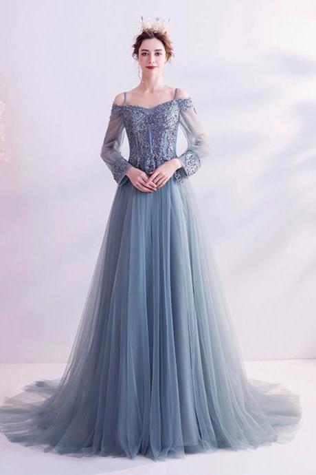 Long Sleeve Blue Long Evening Prom Dresses, Fairy Long Party Prom Dresses