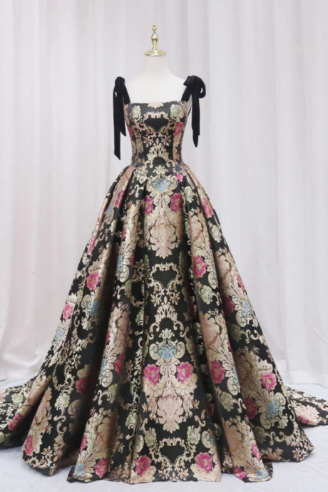 Black Satin Straps A Line Floral Long Formal Dress, Black Evening Dress