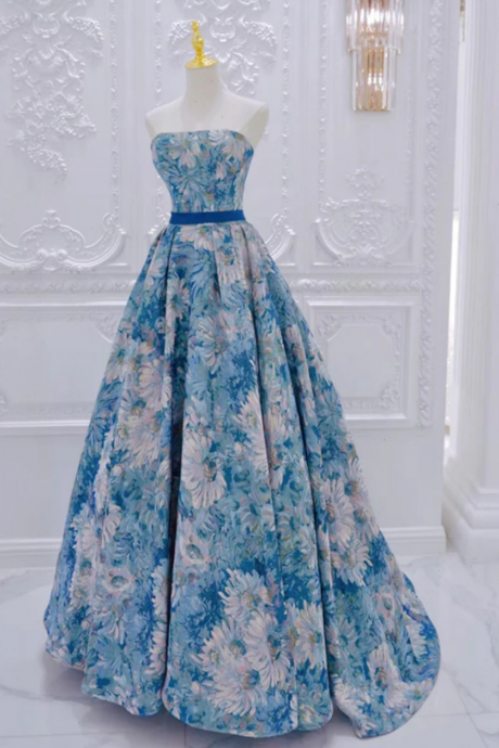 A Line Flower Jacquard Blue Long Prom Dress, Strapless Blue Long Formal Dress