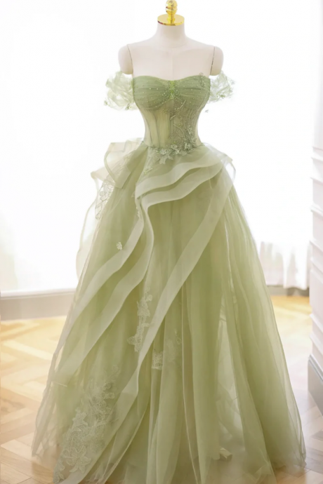 Green Tulle Lace Long Prom Dress With Corset, Green Formal Party Dress