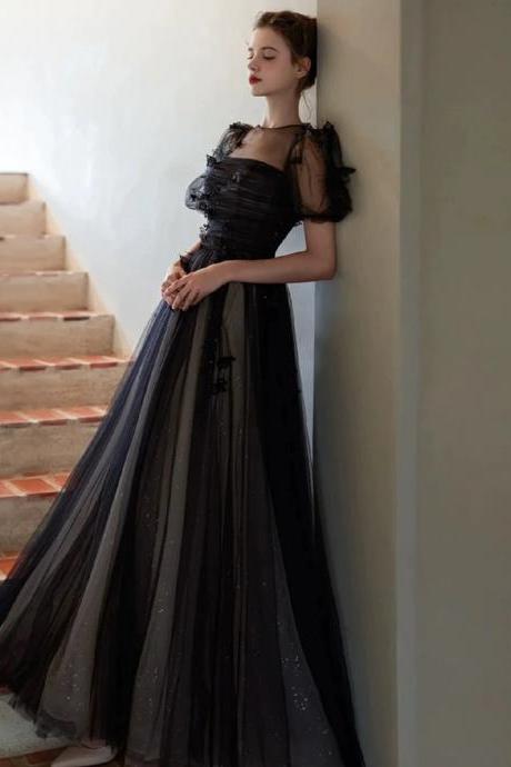 Princess Party Dress,a Line Black Puff Sleeves Tulle Long Prom Dress, Black Formal Evening Dress