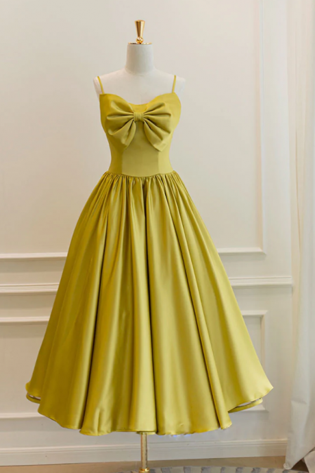 Cute Homecoming Dresses,simple Yellow Satin Tea Length Prom Dress Bow Homecoming Dress