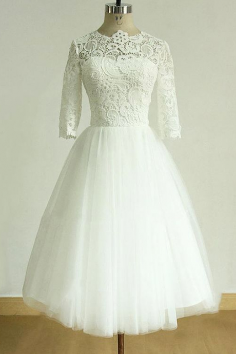 White Short Sleeve Wedding Dress,appliques Lace Evening Dress.round Collar Prom Dress