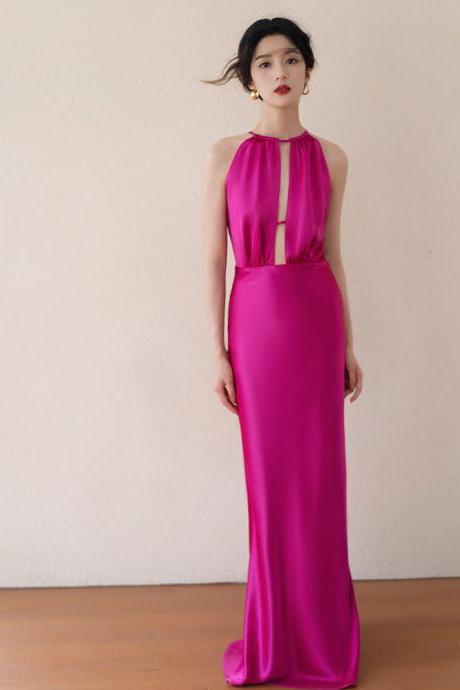 Sexy Prom Gown, Halter Neck Sister Group Bridesmaid Dress,vintage Dress, Temperament, Rose Red Banquet Evening Dress