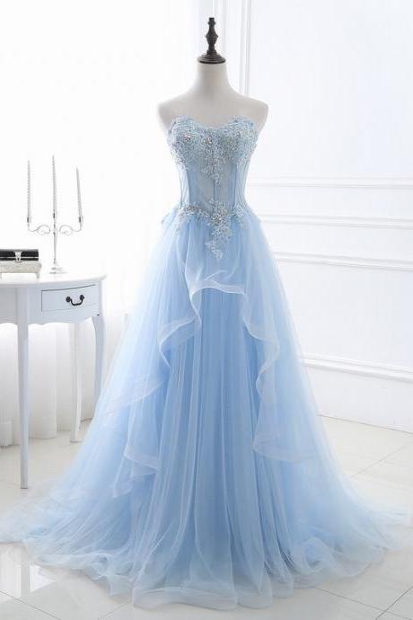 Light Blue Evening Gown, Strapless Evening Gown, Fairy Party Dress