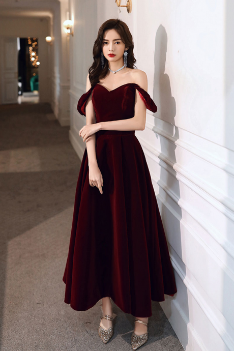 Burgundy Velvet Tea Length Prom Dress, Burgundy Evening Dress Off Shoulder Formal Dress
