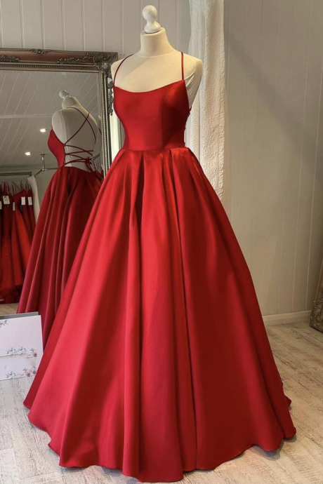 Red Satin Long Prom Dress A Line Evening Gown,spaghetti Strap Party Dress Backless Prom Dress