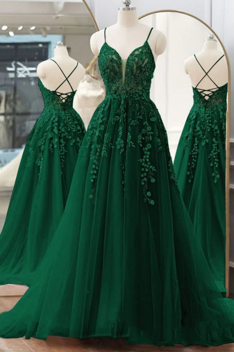Sexy Party Dress,spaghetti Strap Prom Dress, Dark Green Lace Evening Dress