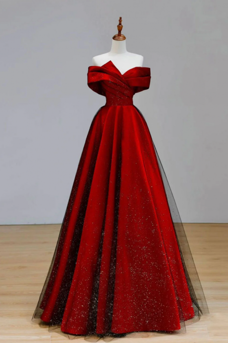 Red Long Prom Dress A Line Evening Gown,off Shoulder Party Dress Glitter Prom Dress