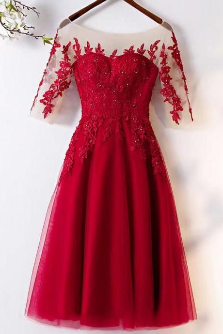 Charming Party Dress,mid -sleeve Prom Dress, Red Lace Evening Dress