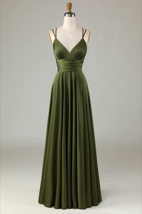 Simple Prom Dresses, A-line Sleeveless Olive Long Bridesmaid Dress