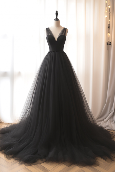 V Neck Evening Dress Tulle Black Long Prom Dress Formal Dress