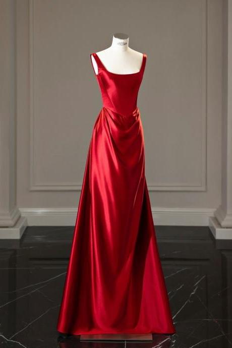 Spaghetti Strap Evening Dress Satin Red Long Prom Dress Sexy Formal Dress