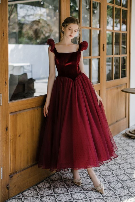 Square Neck Prom Dress Sweet Party Dress Burgundy Charming Homecoming Dress
