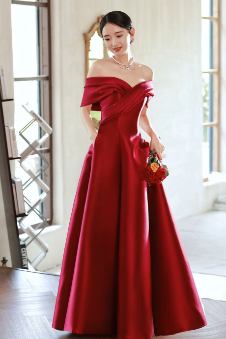 Off Shoulder Evening Dress Satin Red Charming Prom Dress Formal Party Dress With Pocket