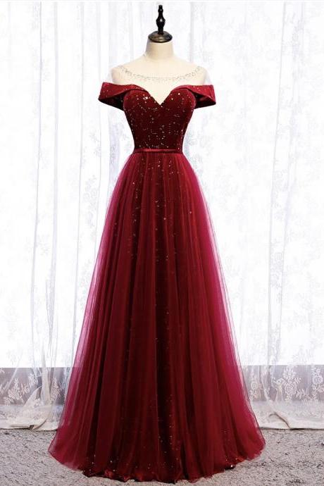 Off Shoulder Evening Dress Velvet And Tulle Red Charming Prom Dress Formal Party Dress