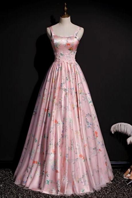 Spaghetti Strap Evening Dress Satin Pink Charming Prom Dress Floral Party Dress