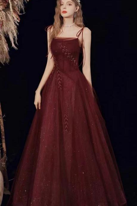 Spaghetti Strap Evening Dress Tulle Burgundy Charming Prom Dress Sexy Party Dress