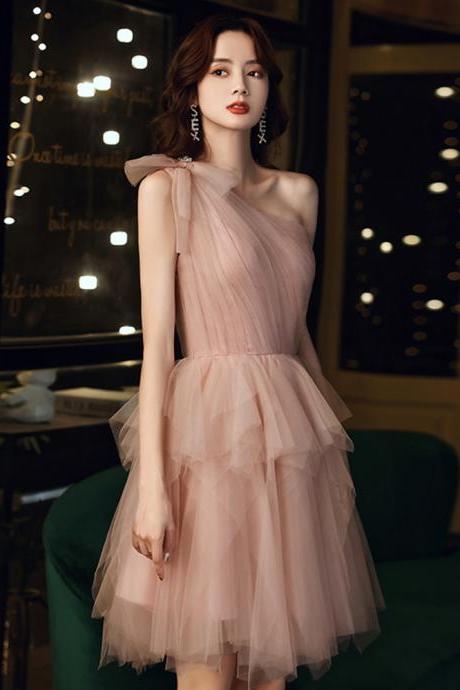 One Shoulder Evening Dres Tulle Pink Cute Homcoming Dress Graduation Party Dress